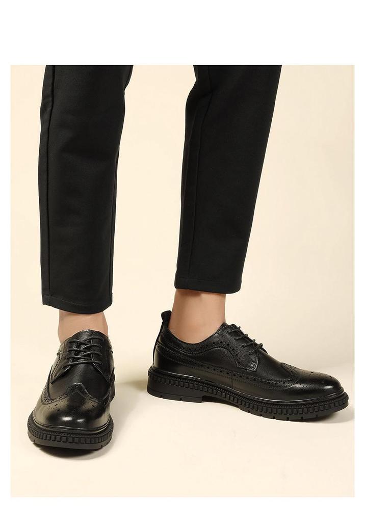 Brogue Men's Autumn Casual Leather Shoes, Thick Sole Work Shoes, Black