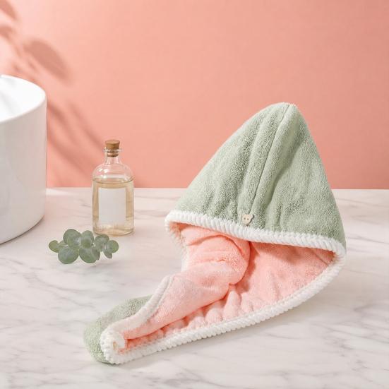 Hair Drying Towels with Button, Super Absorbent Double-Layer Coral Fleece Hair Towel, Quick Drying Travel Bathing Hair Wrap