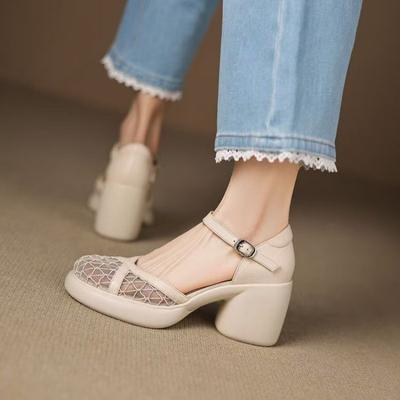 Thick-soled Toe Hollow Sandals Summer Fashion Mesh Fabric One-shoulder Buckle Mid-heel Women's Shoes