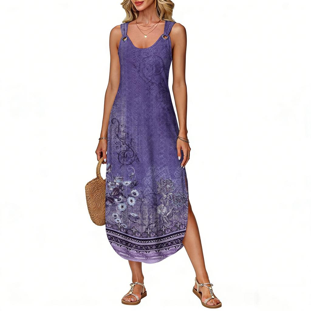 Women's summer long dress, sleeveless with side slits, long retro printed camisole dress
