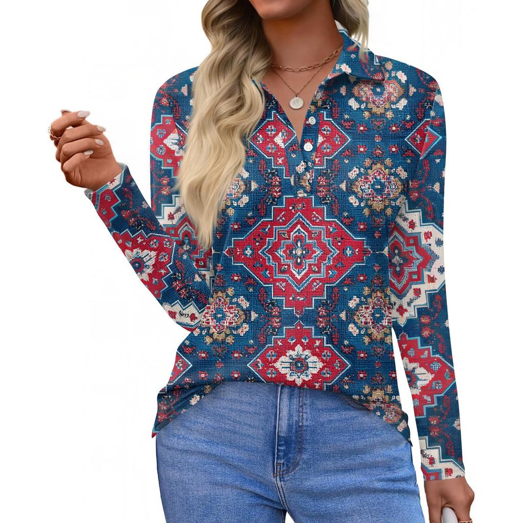 Damenmode Casual Revers Kurze Langarm Print Shirt Damen Button Up Tops