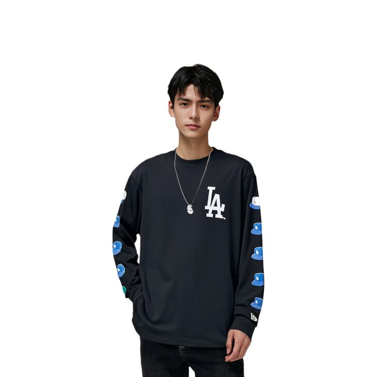 New Era MLB Los Angeles Dodgers Logo Print Crew Neck Long Sleeve T-Shirt Unisex Tops Black 13338683