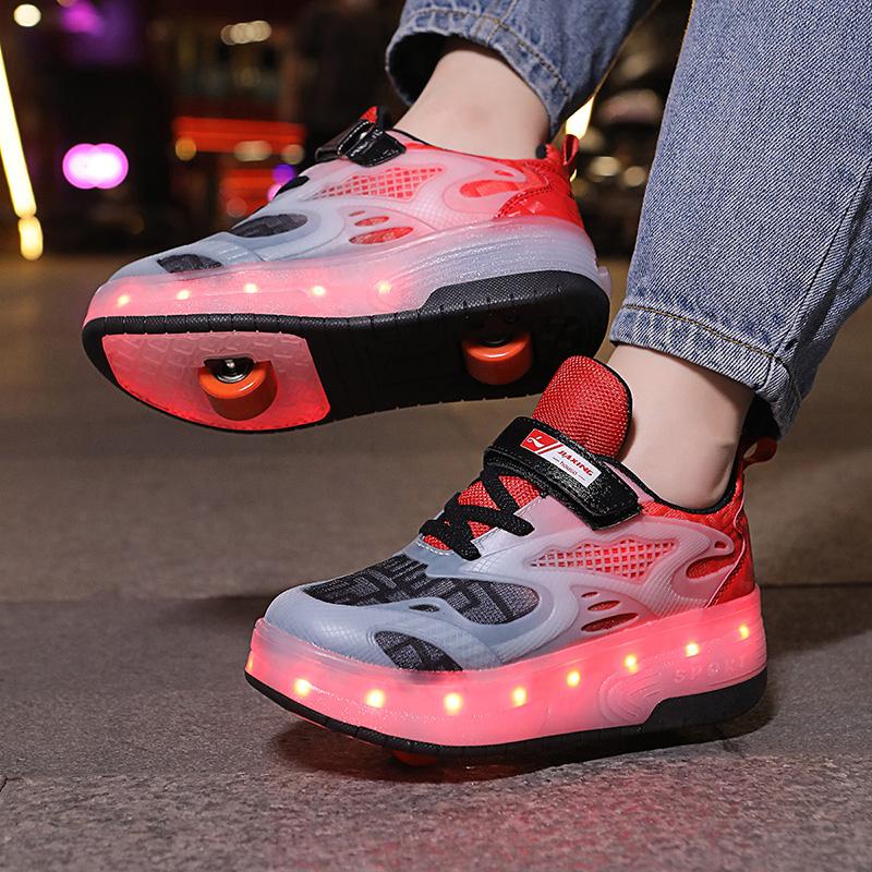 Barne-/gutter Tohjuls avtakbar flat oppladbar LED-glødende joggesko, glødende joggesko for kvinner