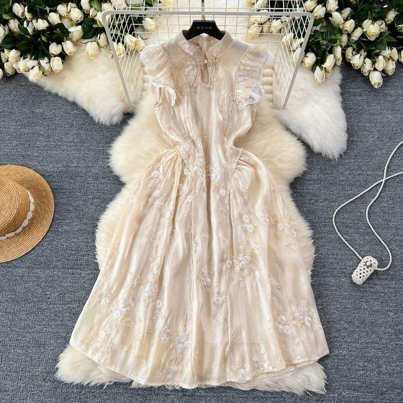 

New Chinese Style Classy Women s Clothing Dress 2024 New Arrival National Style Buckle Waist-Tight Embroider Elegant Socialite Dress Dress Apricot S