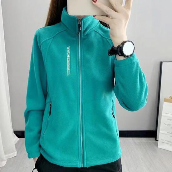 Women Coat Stand Collar Zip-up Polar Fleece Sport Style Long Sleeves Zipperes Pockets Solid Color Thick Plush Jacket