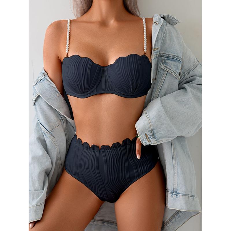 

Сексуальний однотонний набір бікіні Жіночий трикутний з принтом мушлі Купальник з двох частин Пляжний купальний костюм Однотонний купальний одяг Жіночий XL чорний