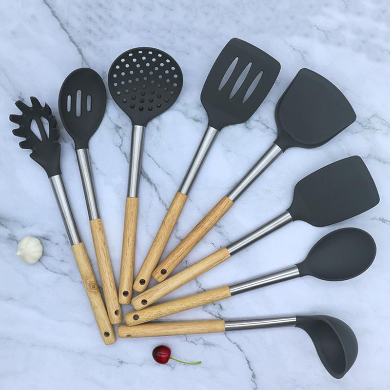 Silicone Kitchenware Non-Stick Heat-Resistant Cookware Kitchen Utensils Set Spatula Shovel Spoon Wooden Handle Cooking Tool Set