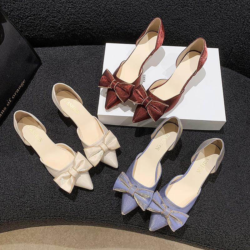 Bow High Heels Women's New Pointed Middle Heel Girl Style Hollow Stiletto Shoes