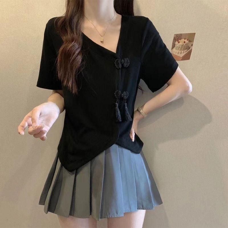 

Стильная футболка с китайской застежкой-пуговицей, асимметричная, летняя, с коротким рукавом, женская одежда, повседневная, с косым воротником, с неровным подолом, пуловеры L чёрный