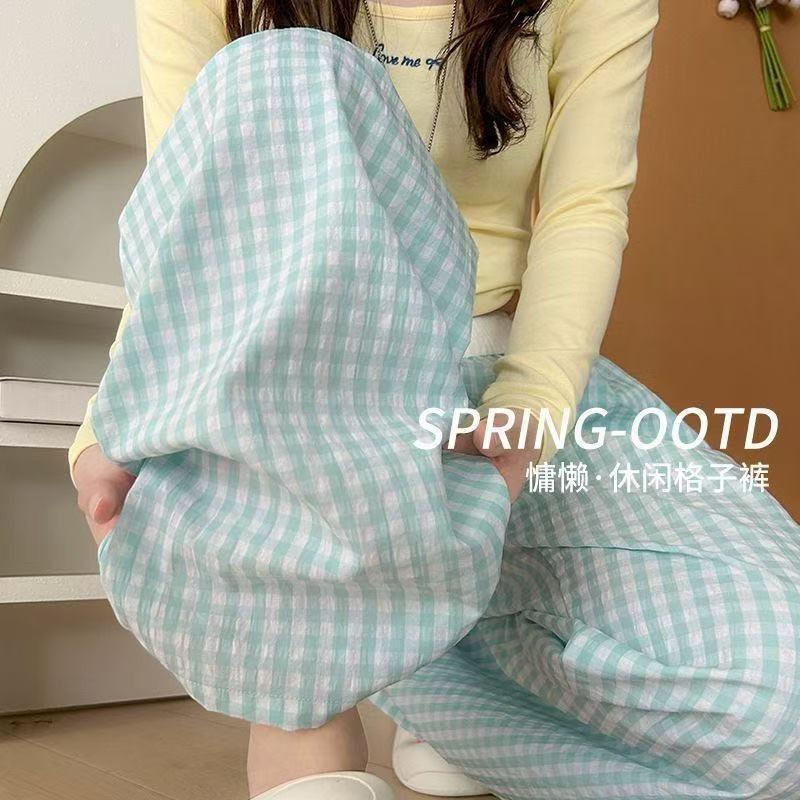 Girly Dopamine Blue Plaid Pants Women's Summer Thin Loose Straight Wide-leg Pants Lazy Casual Yamamoto Pants