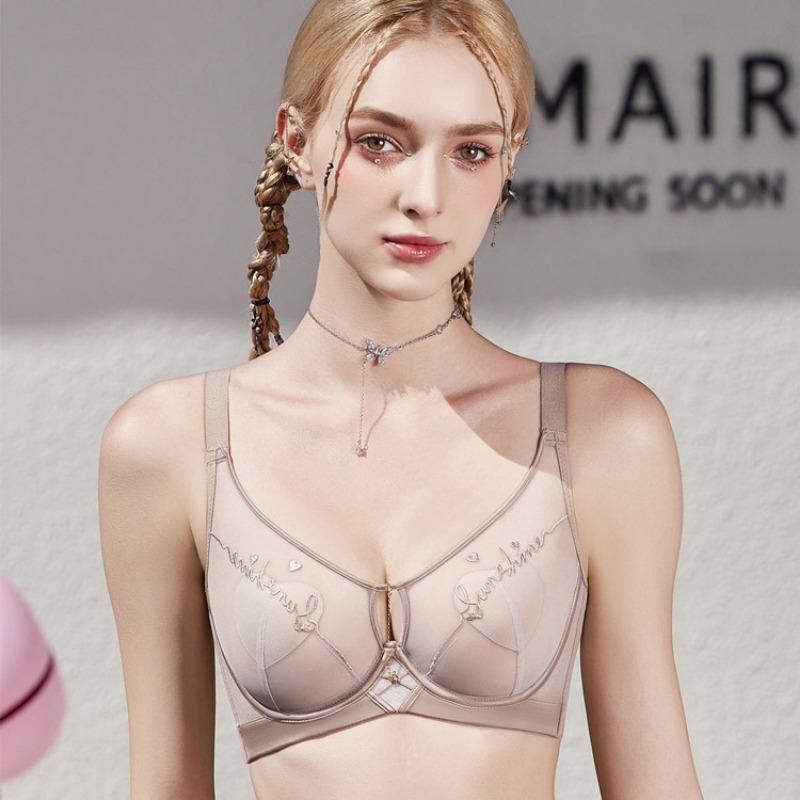 French Letter Embroidery Semi-transparent Mesh Heart Cup Bra Light and Thin Breast-revealing Small Memory Wire Support Bra