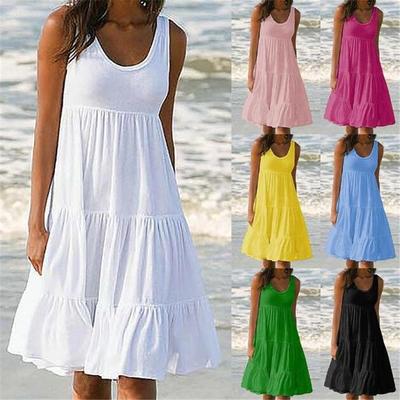 In-Stock Summer Women's Sleeveless Pleated Dress, 7 Colors, Sizes S-5XL, Plus Size Imitation Cotton Solid Color
