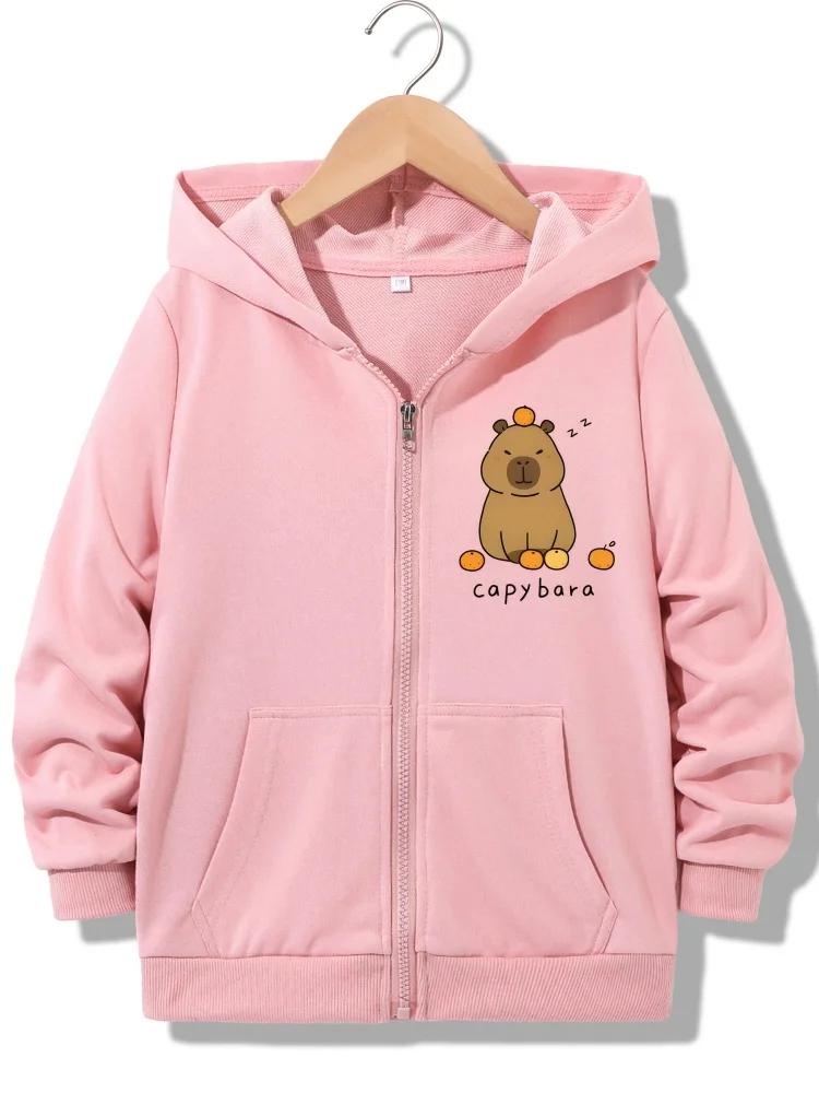 Children Full Zip Hooded Sweatshirt Cartoon Capybara With Oranges Letter Print Loose Daily Outerwear With Front Pocket
