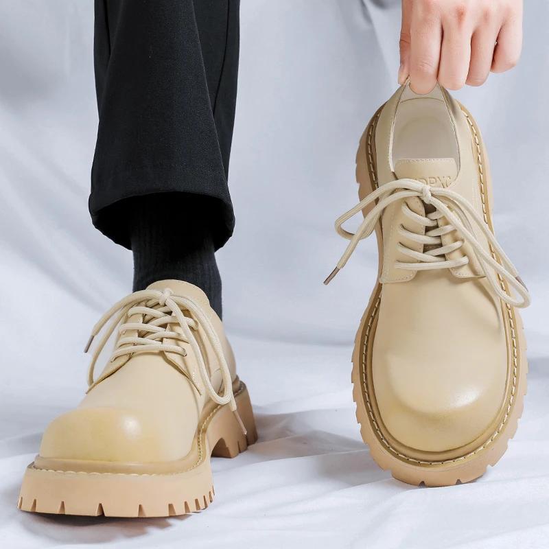Fashion Brand Men's Lace Up Oxford Shoes Thick Sole Business Wedding Shoes Round Toe Green Sole Platform British Outdoor Casual Shoes