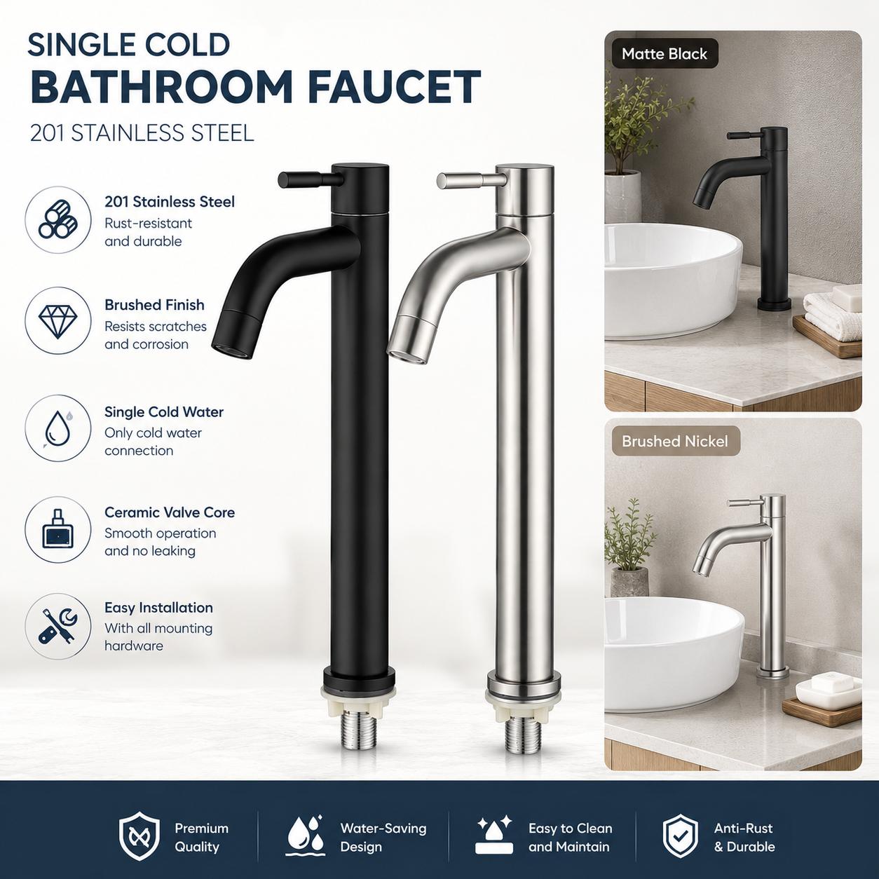Stainless Steel Kitchen Sink Faucet Single Cold Quick Open High Rise Bathroom Basin Tap