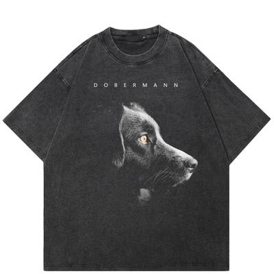 Streetwear Doberman T-Shirt Cotton Washed Black Tshirt Unisex Tops Tees Summer Short Sleeves T Shirt