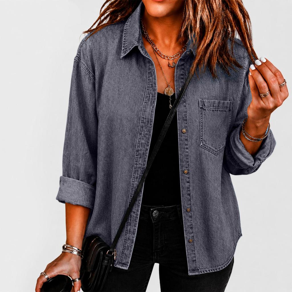 Women's Loose Fit Denim Button-Up Top for Casual Everyday Wear