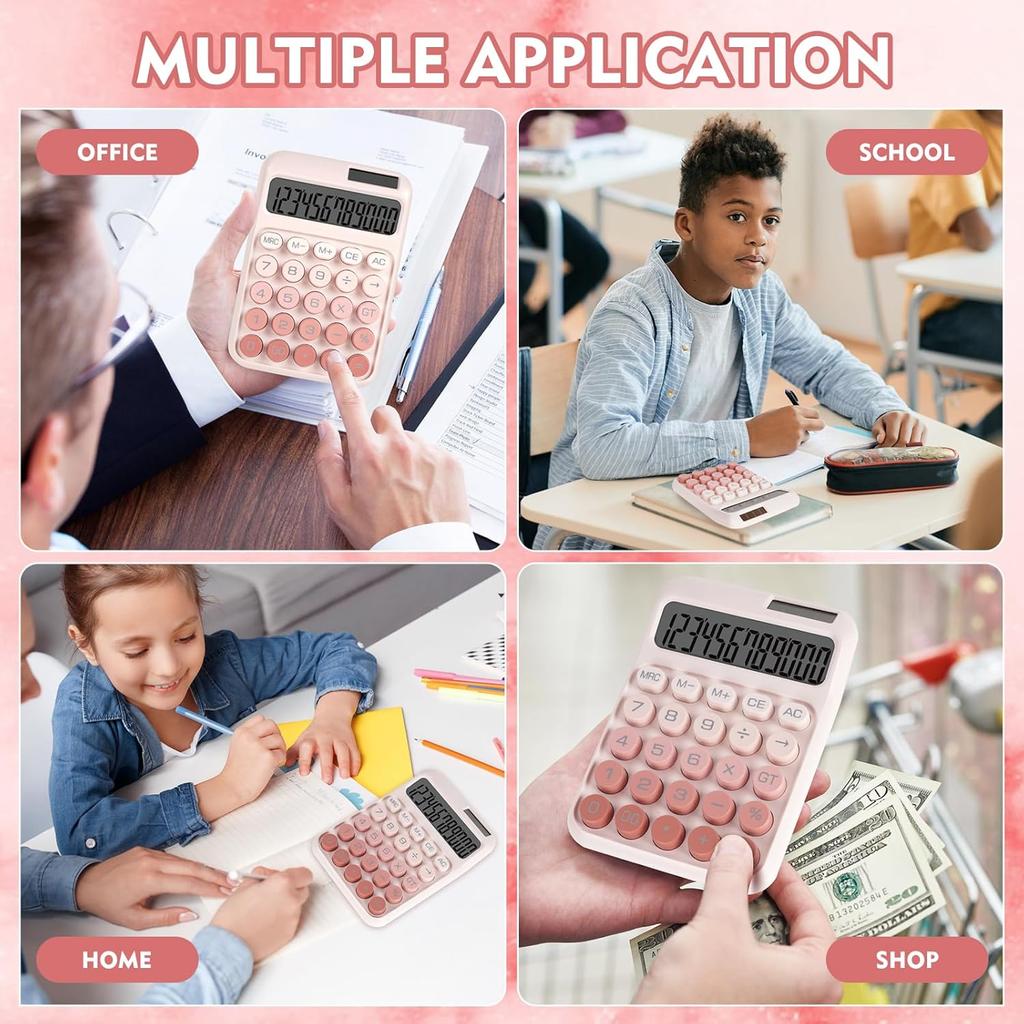 Large Button Mechanical Calculator Office Calculator 12 Digits Solar Cell Power Supply Large LCD Display Screen Cute Pink Calculator Suitable F
