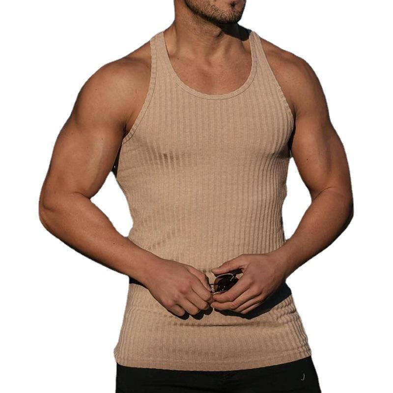 Plus Size Men's Summer Knitted Vertical Stripe Sports Fitness Vest Casual Slim Fit Racerback Tank Top