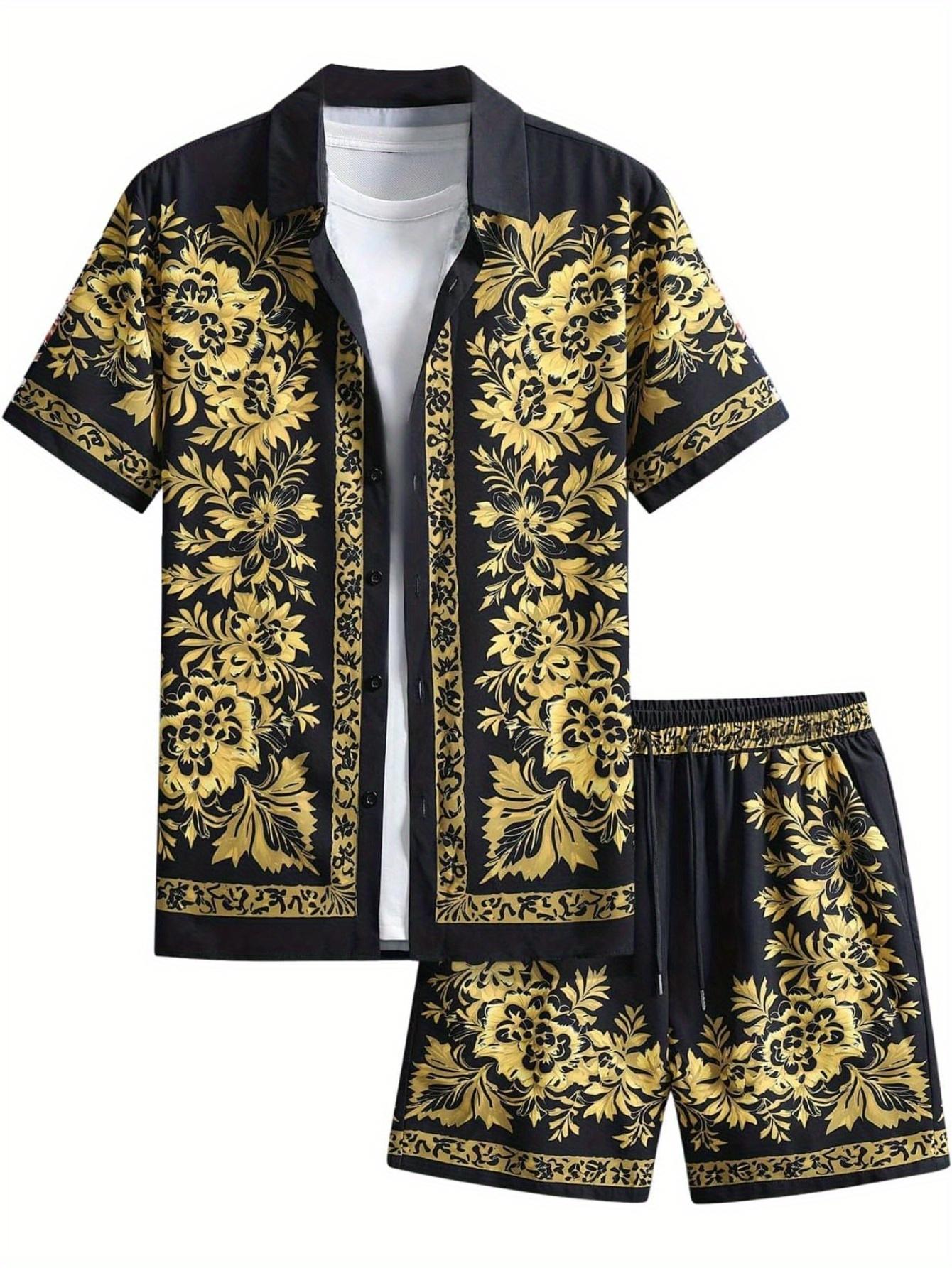 

Мужские костюмы-двойки, винтажная рубашка с цветочным принтом и шорты, рубашки с коротким рукавом на пуговицах и шорты на резинке, летние наряды для отпуска, пляжные комплекты XXXL чёрный