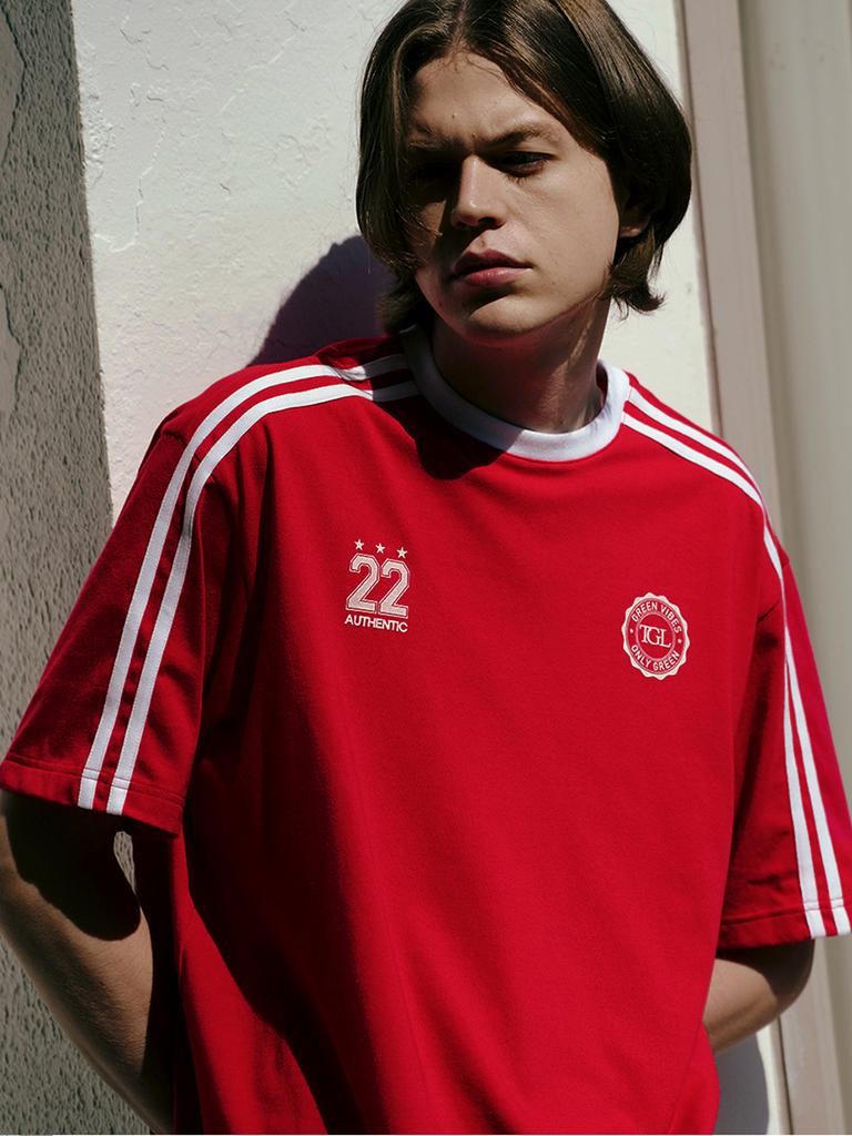 THE GREEN LAB Soccer Football Color Block Short Sleeve T-Shirt [Red]