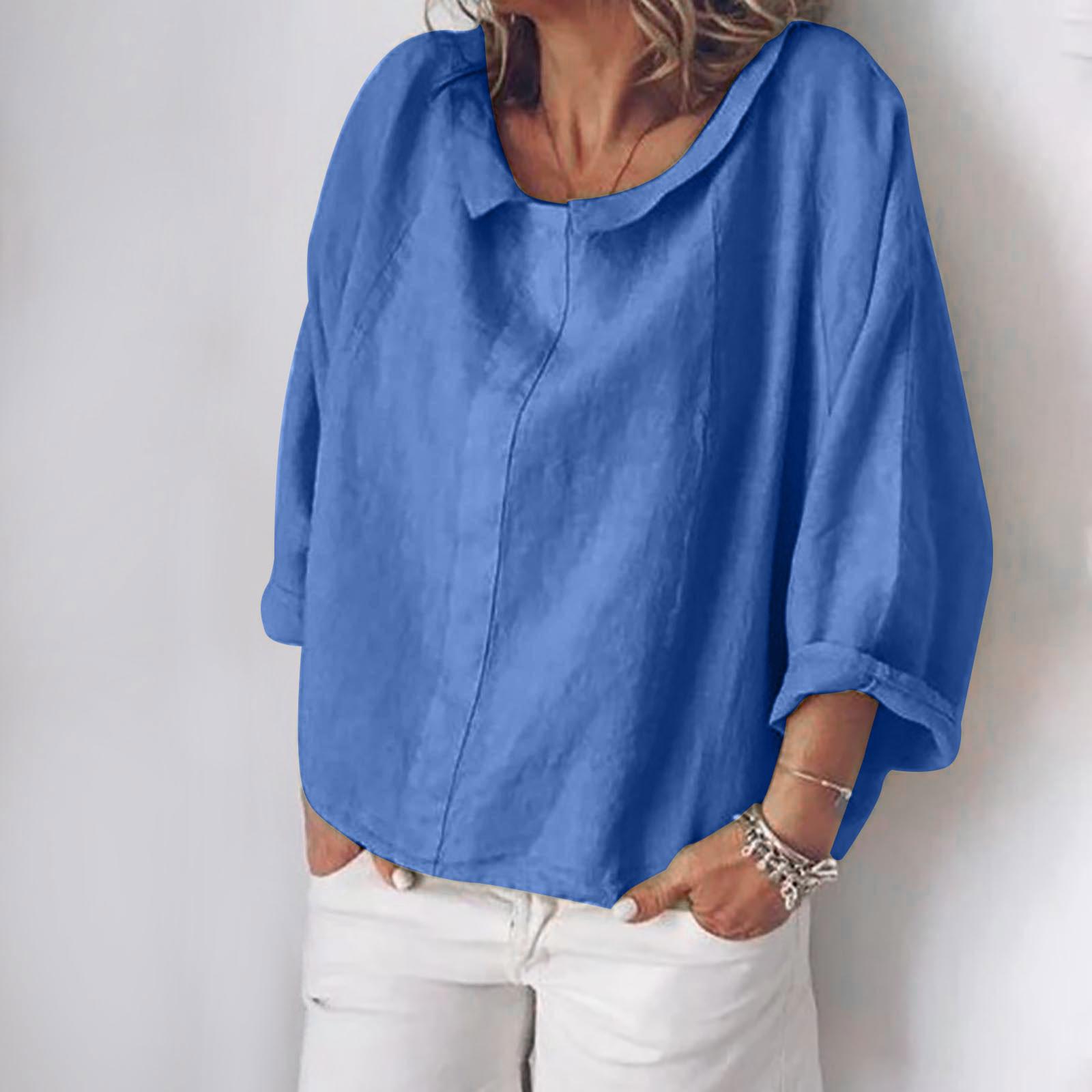 

Жіноча літня повсякденна одноколірна блузка з відкладним коміром з довгим рукавом XXXL синій