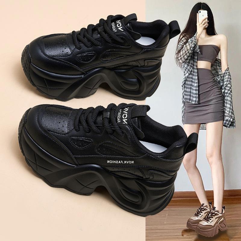 Women's Autumn and Winter Thick-soled Casual Genuine Leather Breathable Sports Shoes with Inner Height Increase Dad Shoes