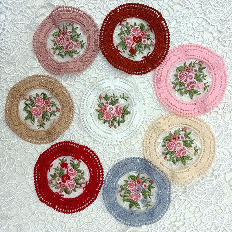 Small Round Coaster European Lace Embroidered Dining Table Mat Decorative Fabric Coffee Table Mat Embroidery Retro Heat Insulation Weaving