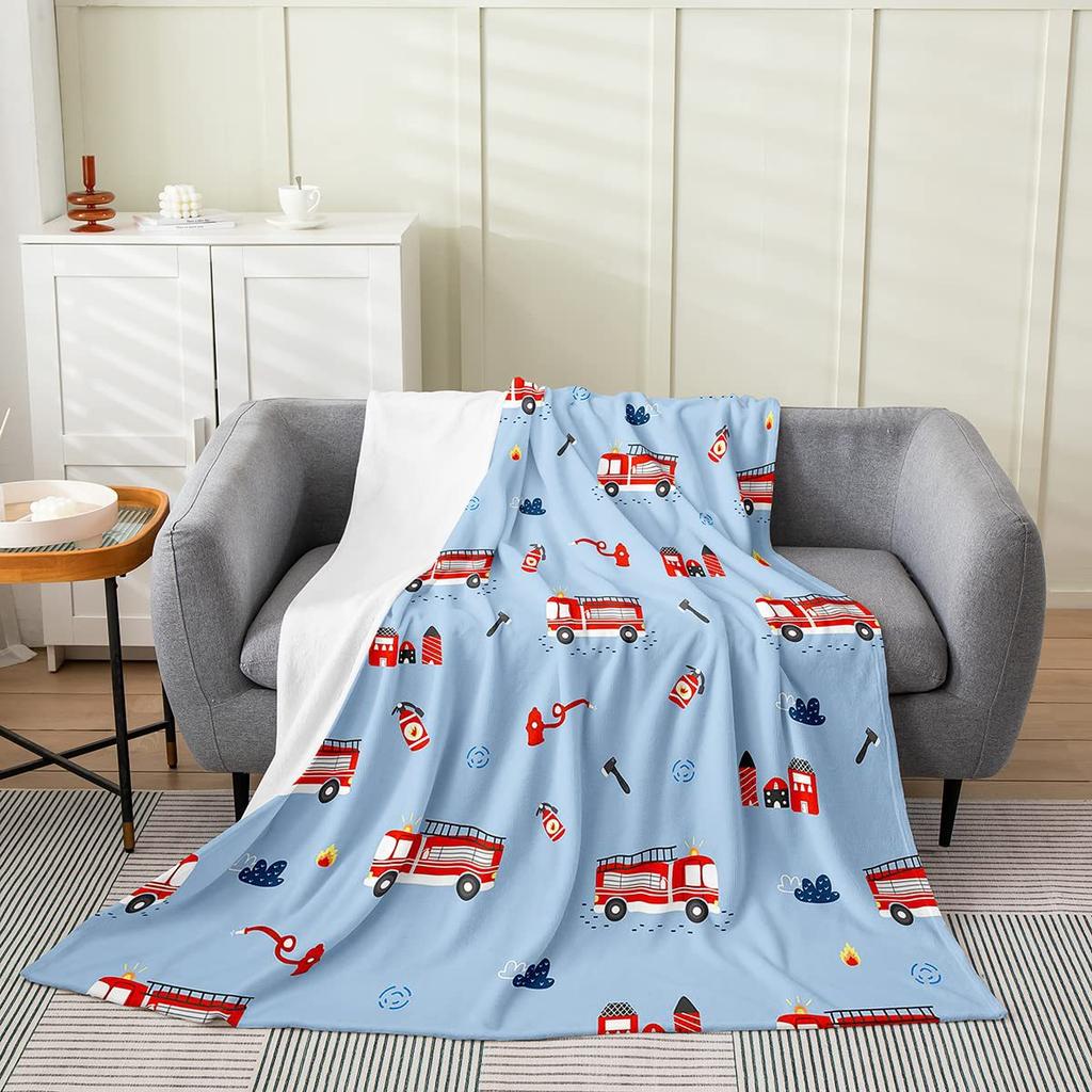 Cartoon Fire Engine Printed Blanket for Sofa Bed Travel Camping Living Room Office Conditioning Blanket for All Seasons Gifts
