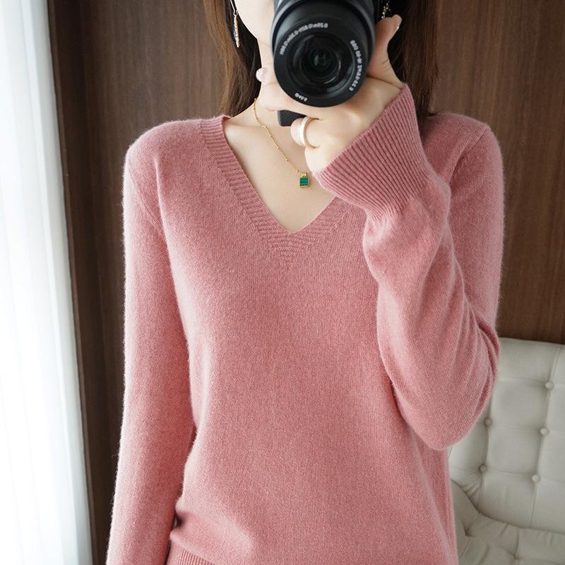 Korean Style V-Neck Long Sleeve Knitted Sweater for Women - Autumn/Winter Solid Color Loose Fit Pullover Top