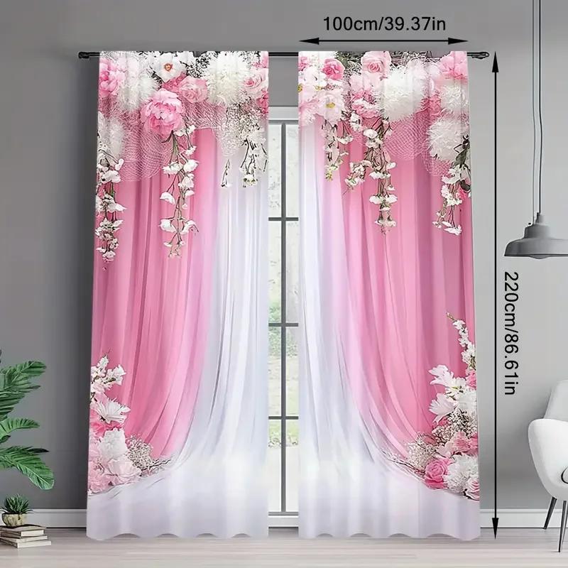 2pcs - Pink floral - Printed curtains   suitable for home decoration in bedrooms and living rooms