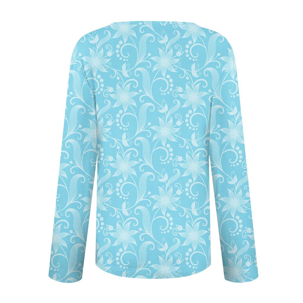 Women's Casual Fashion Comfortable Long Sleeve Shirt U Neck Floral Print T-Shirt Tops
