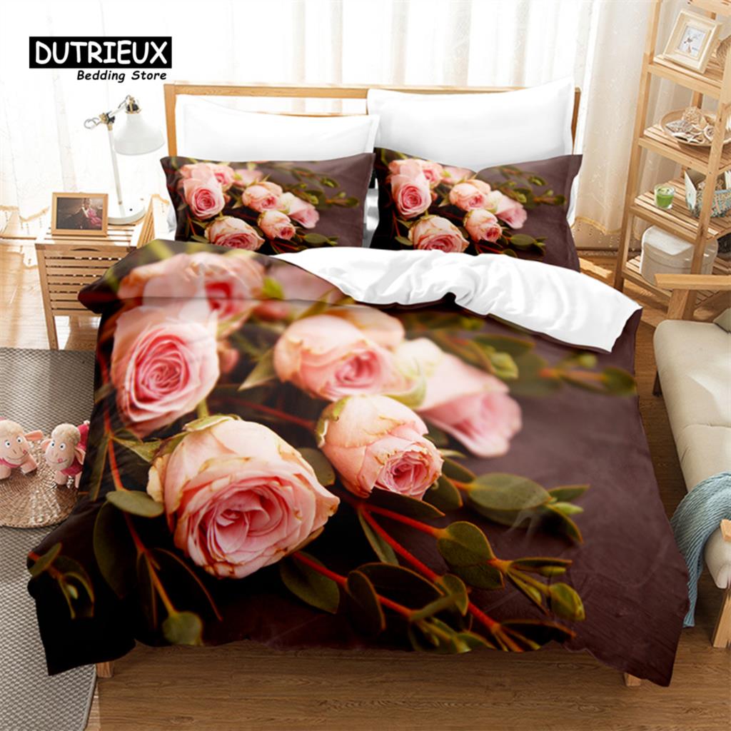 Pink Roses Bedding Set, 3Pcs Duvet Cover Set, Soft Comfortable Breathable Duvet Cover, For Bedroom Guest Room Decor