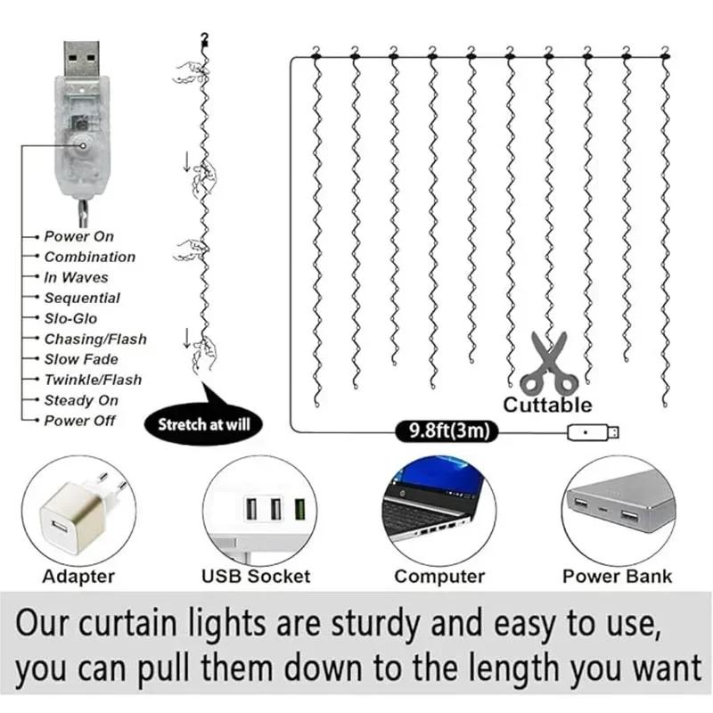300 LED Fairy Light Curtain USB Remote Control 8 Modes String Lights Christmas Wedding for Bedroom Wedding Party Xmas Decoration