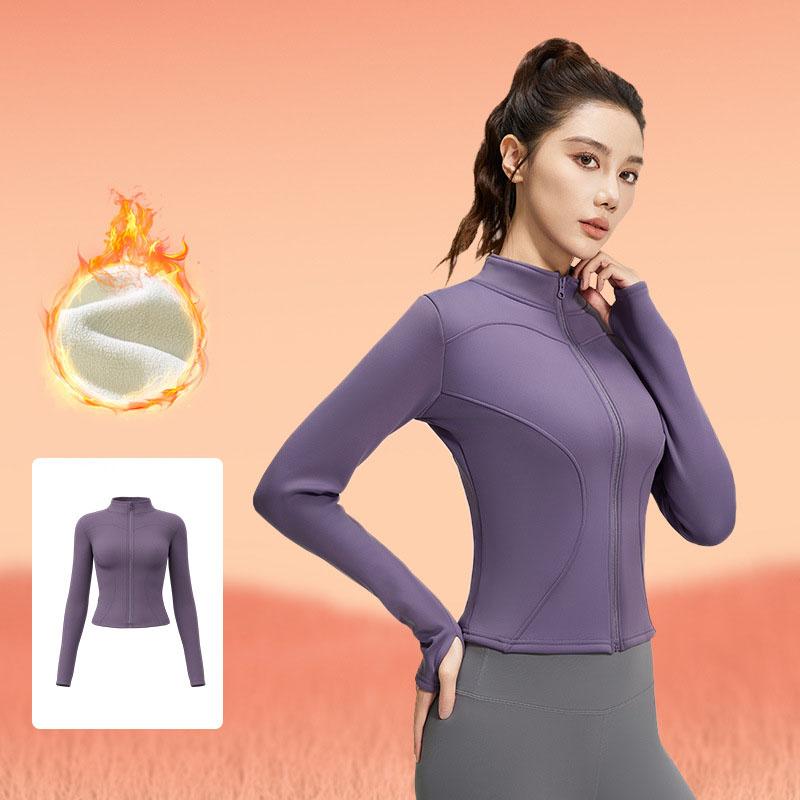 Winter High Elastic Peach Yoga Jackets Solid Clothes Long Sleeve Fleece Thick Yoga Jacket Women Zipper Fitness Yoga Coat