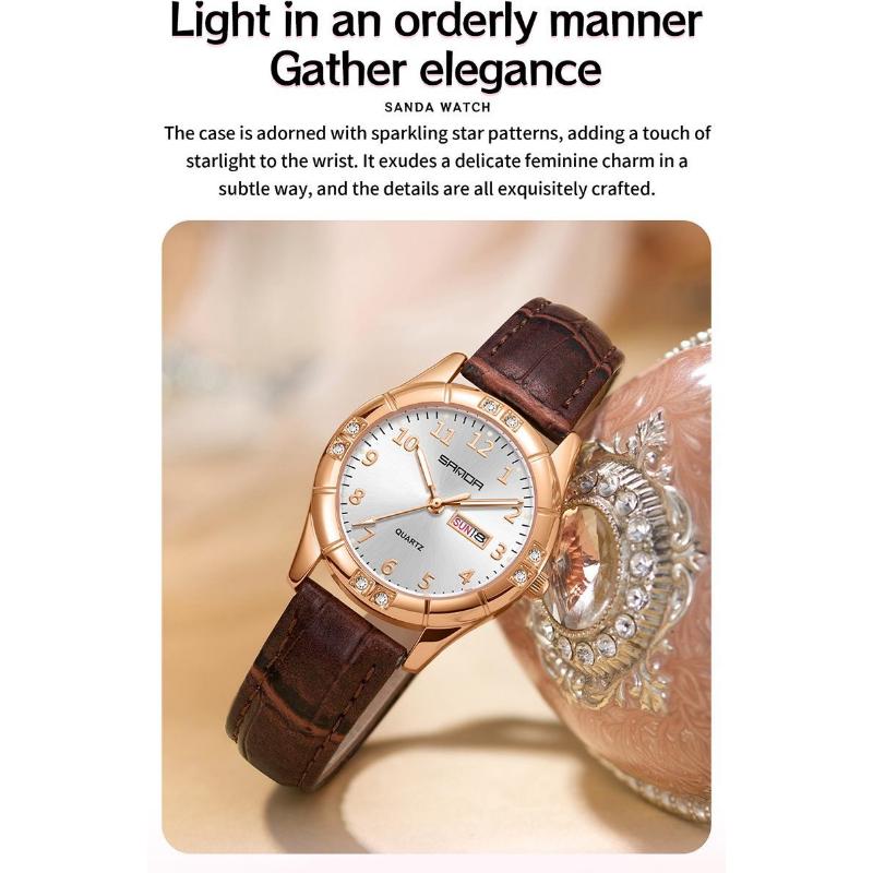 SANDA Womens Watch Original Elegant Simple Quartz Wristwatch Waterproof Luminous Leather Strap Ladies Watches Women's Gift