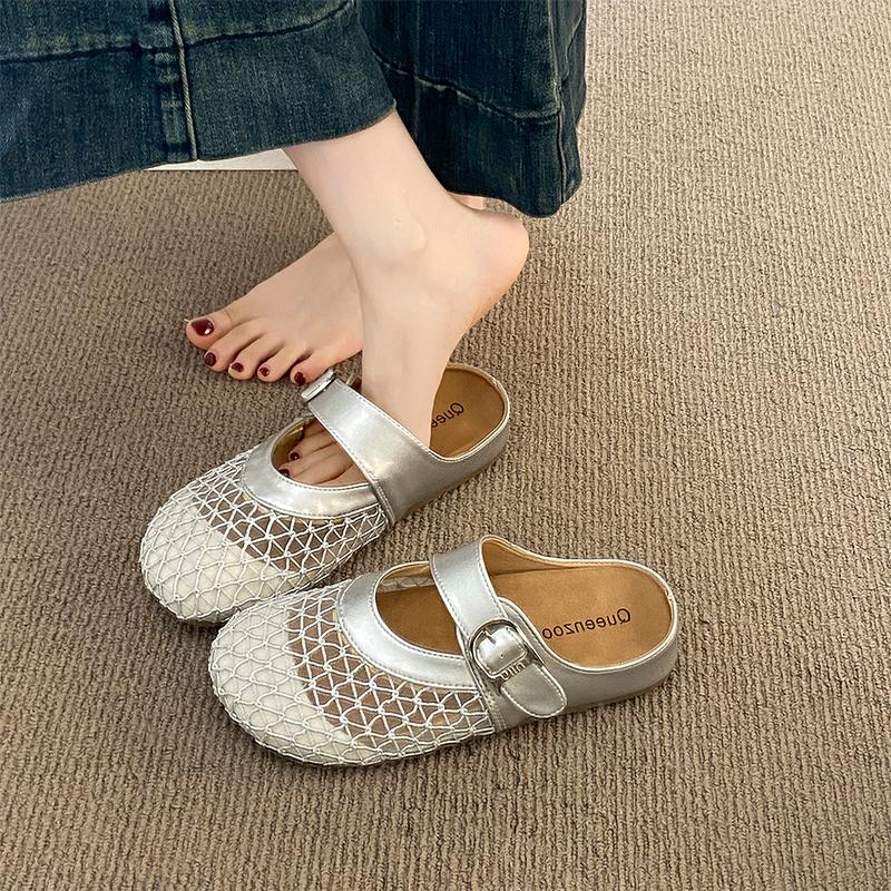 Fashion Cover Toe Fretwork Heels Women's Shoes Silver Female Slippers Slides 2025 Flat Summer Shoes Woman's Slippers Cover Toe Slides Fr