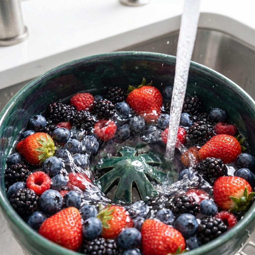 Handcrafted Ceramic Bowl with Integrated Drainage Hole for Washing and Serving Fruits Vegetables and Snacks for Kitchen Use