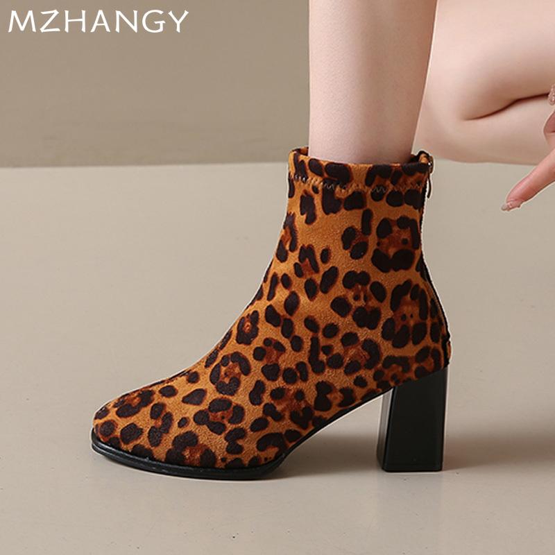 Mode Leopard Wildleder Schnee Stiefeletten Damen High Heels Schuhe Elegant Klobige Stiefel 2025 Trend Chelsea Boots Pumps New Goth Mujer Botas