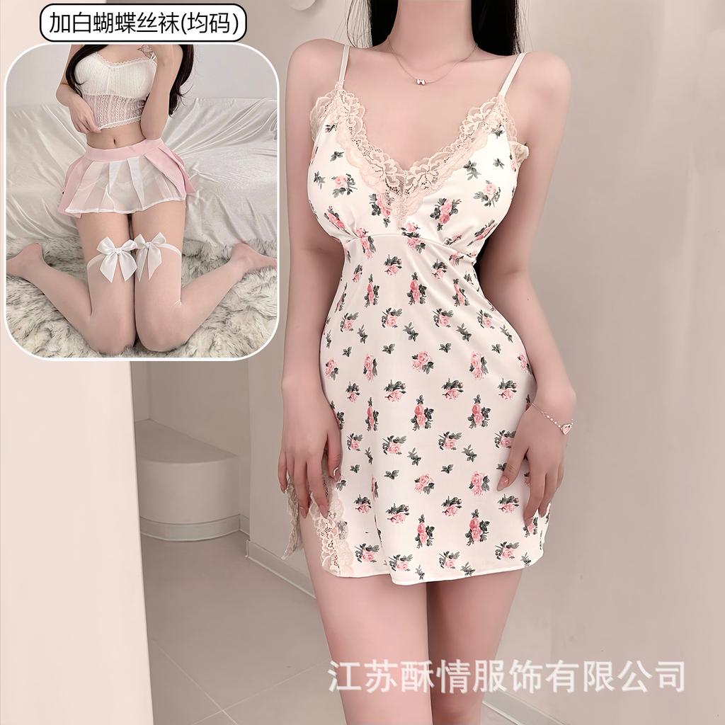 Crispy love bag chest lace pad pure hip suspender pajamas smashed flower sexy small chest pajamas color fresh wind short skirt