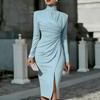 High Neck Pleated Long Sleeve Slim Fit Hip Wrap Dress Split Ends and Thin Temperament Women's Dress