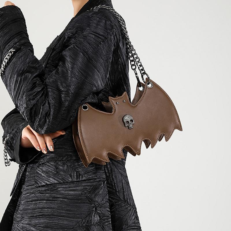 Gothic Style Bat & Skull PU Leather Shoulder Bag Vintage Solid Color Crossbody Bag with Adjustable Chain Strap for Outings, and Everyday Use