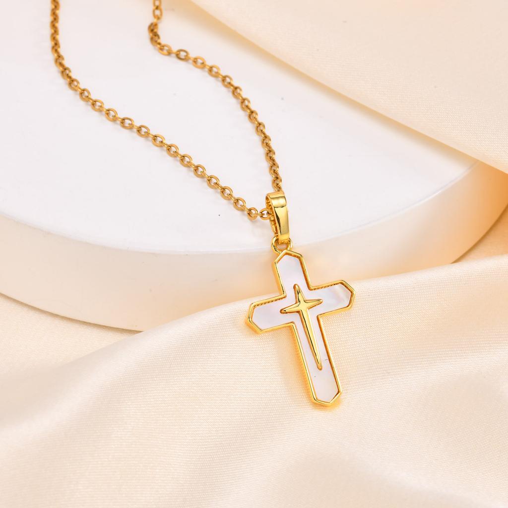 Xiaomi Vnox Double Cross Pendant Necklaces for Women, Bling Shell Cross Necklaces, Christ Religious Faith Jewelry