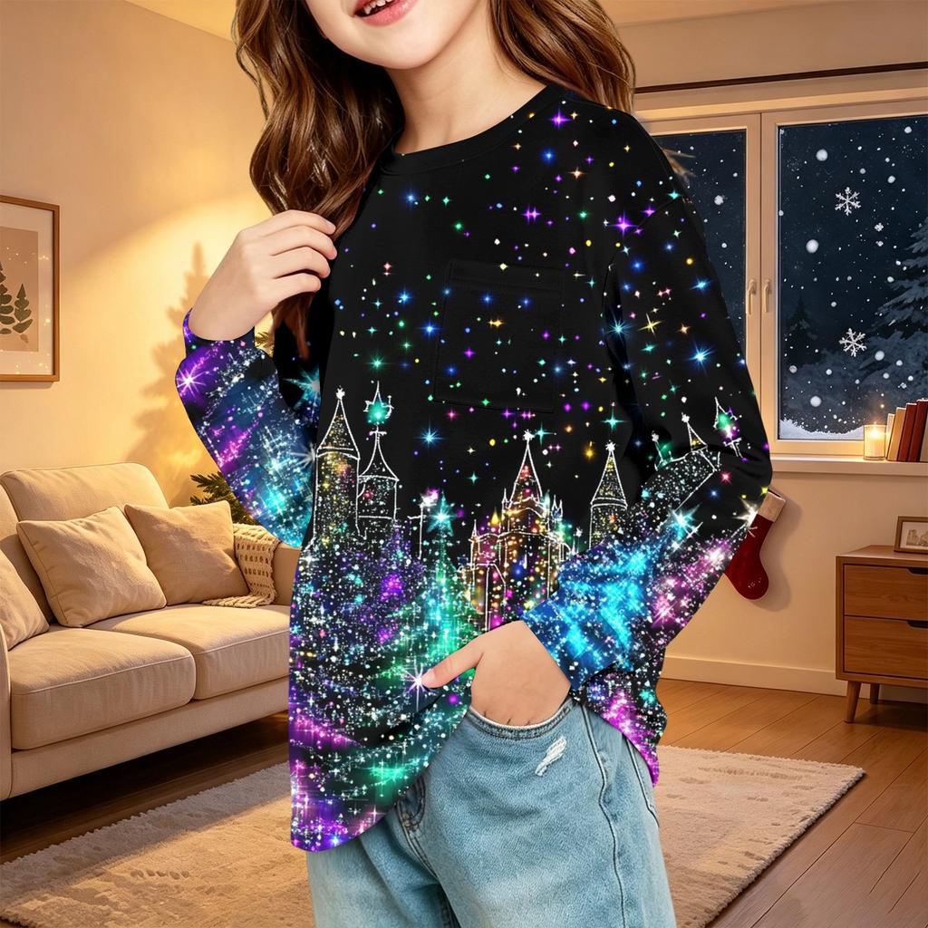 Kids Fashion Christmas Long Sleeve Neck Top with Pocket, Holiday Print Shirt for Boys and Girls