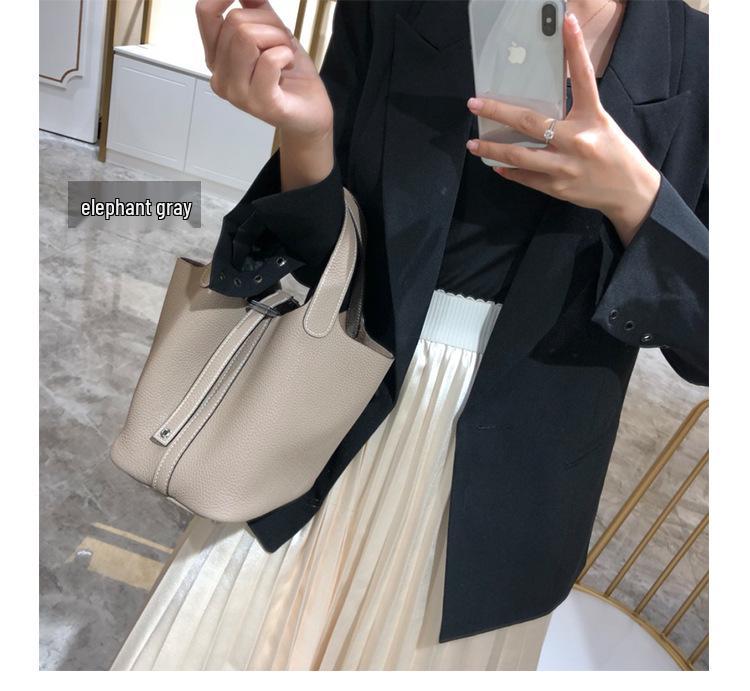 Women's Colorful Cowhide Bucket Bag with Lychee Pattern - Stylish and Versatile Handbag