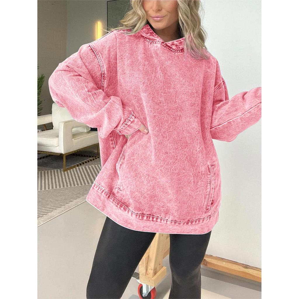 Denim Hoodie Women Sweatshirt Pullover Hooded Y2k Tops Distressed Washed Loose Spring Streetwear