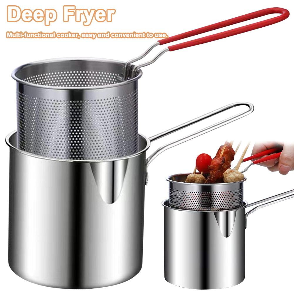 Stainless Steel Tempura Small Deep Frying Pan Deep Frying Pot with Strainer Basket Milk Warmer Pot Chicken Fried Cooking Tools