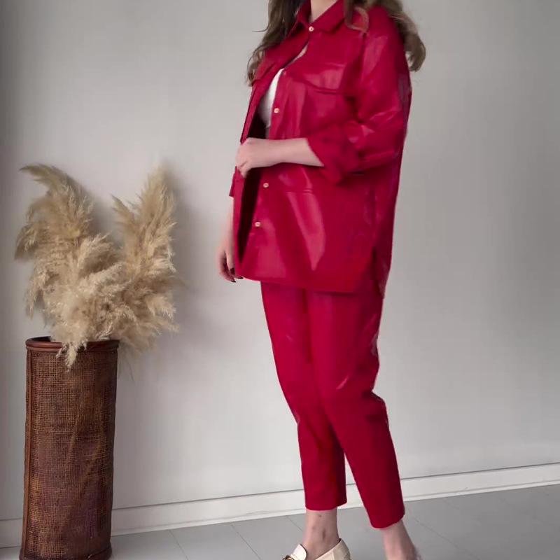 2024 Spring European & American Women's Fashion Solid Color Leather Casual Loose Long Pants Set