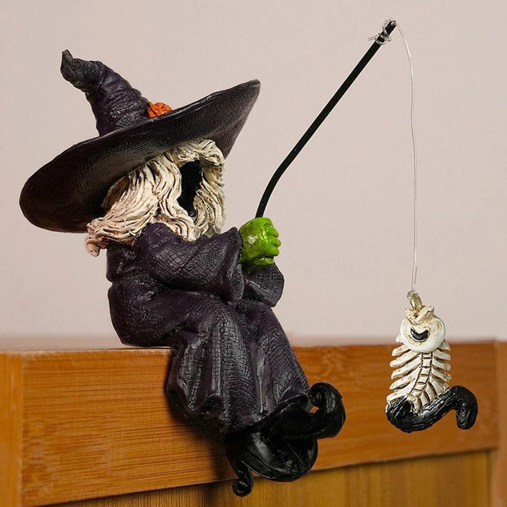 Resin Witch Figurines Crafts Halloween Witch Sculpture Creative Fishing Witch Statue  Outdoor