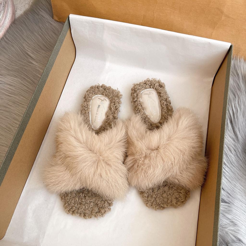 Fairy Wind Fluffy Slippers Female 2025 Autumn and Winter New Outer Wear Cross Flat Bottom One Word Plush Home Cotton Slippers